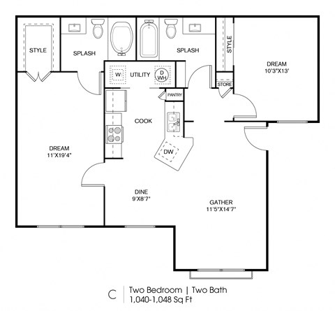 a floor plan of a house with two bedrooms and two baths